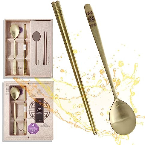 BALWOO [5 Sets] [Made in Korea] Korean Sticky Rice Spoon Chopsticks Set Gold Titanium Plating 304 Stainless Steel Tableware Cutlery Set Mukbang Chopsticks (Korean Palace Pattern TITANIUM, 5 Sets)