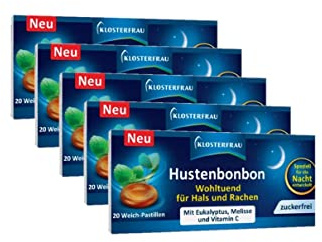 Klosterfrau Hustenbonbon | 5 x 20 Weich-Pastillen | wohltuend bei Hustenreiz | beruhigen durch Eukalyptus den gereizten Hals und Rachen | unterstützen einen ruhigen Schlaf durch Melisse
