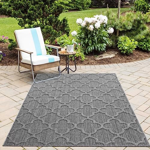 Vielseitiger In & Outdoor Teppich: Wetterfest, Waschbar, Flachgewebe in Sisaloptik mit Marokkanischem Design - Ideal für Küche, Camping, Terrasse, Balkon und Garten, Größe:200 x 290 cm, Farbe:Grau
