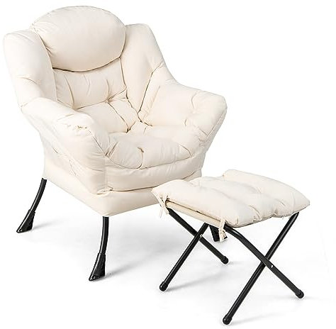 COSTWAY Sessel mit Hocker, Relaxsessel mit Armlehnen, Seitentasche & Fußstütze, Loungesessel, Fernsehsessel, Ohrensessel für Wohnzimmer, Schlafzimmer, Büro (Beige)