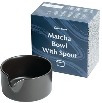 Naoki Matcha Traditional Ceramic Chawan Matcha Tea Bowl with Pour Spout Set - Hand Made Ceramic with Black Matte Glaze - For Perfectly Whisked Matcha Green Tea (18 Ounce)
