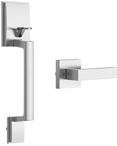 Migade Front Door Handle Entry Door Lock Handle Set for Left or Right Handed Doors Reversible Interior Exterior Single Cylinder Lower Half Adjustable Lever Bright Brass Non-Locking (Silver)