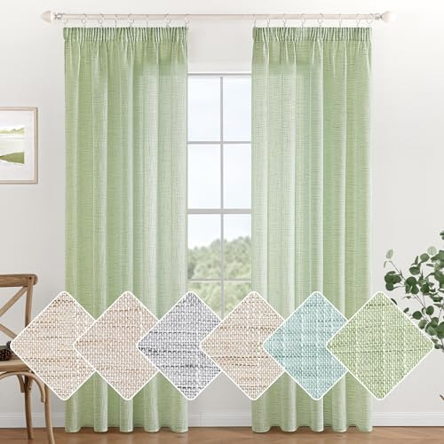 MIULEE Gardinen mit Kräuselband, Leinenoptik 140x160 cm Grün, 2er Set | Moderne Durchscheinende Voile Vorhänge mit Kräuselband, Leinenoptik für Wohnzimmer Schlafzimmer, Passend für Schienensysteme