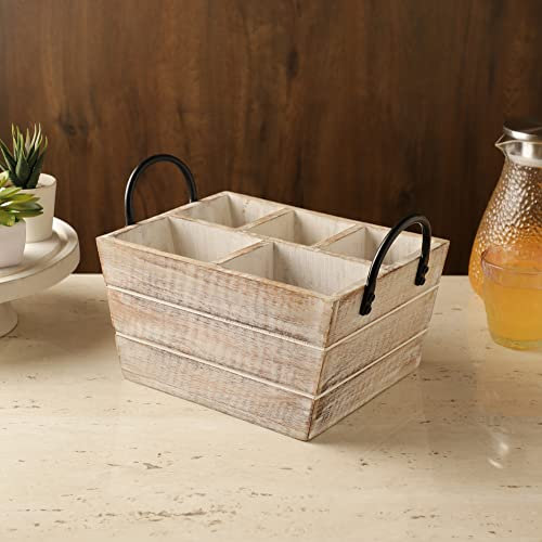 House of Mishka Wooden Cutlery Caddy- Distressed White (Big) All-in-One Cutlery Holder for Utensils,Knives, Forks & Condiments, Art & More | Drop-Down Handle for Tabletop Serving