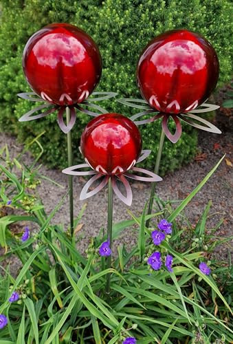 Jürgen Bocker Garten-Ambiente Blütenzauber Paris Rosenkugel 3er Set 15/15/10 cm Edelstahl Gartenstecker Deko mit Stab 80 cm (rot matt)
