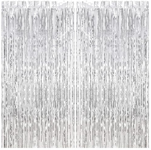 2pcs Silver Glitter Tinsel Curtains, 1 * 2m Shimmer Party Foil Door Curtain Metallic Fringe Tassel Tinsel Backdrop for Birthday, Xmas Party Decorations