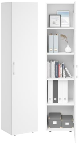 Bellamio Apol Aktenschrank 40 cm breit, Weiß, mit 5 Fächern, aus Holz | Mehrzweckschrank breit, Hochschrank schmal, Aufbewahrungsschrank & beidseitig montierbare Tür, Büroschrank, Flurschrank