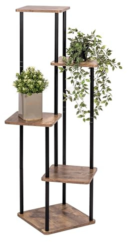 eluno Pflanzenständer, Blumenregal, dekorativer Blumenständer mit 5 Ablagen, multifunktionale Blumentreppe, Moderne Materialkombination von FSC-zertifiziertem MDF-Holz und schwarzem Metall