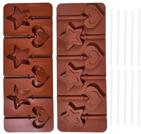 Stiesy Lot de 2 moules en silicone pour barres de chocolat en forme de cœur et d'étoile, moules en silicone pour sucettes et popsicles avec bâtonnets pour cake pop pour confiserie maison et chocolat