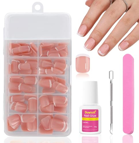 120 Pièces French Faux Ongles Autocollants, Court Rond Français Ongles à Coller Nude Rose Press on Nails avec Colle, Acrylique Couverture Complète Capsules Ongles pour Femmes Filles Nail Art
