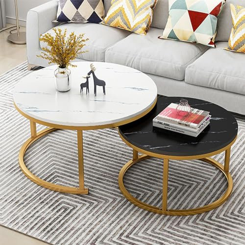 Couchtische, modern, rund, Marmorstruktur, 2er-Set, für Wohnzimmer, 78,7 cm, Holzplatte, Metallrahmen, Cocktail-Mitteltisch für Zuhause, Büro