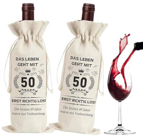 KHDULQ 2 Stück Weinflasche Tasche Jute,Flaschentüten Weihnachten Flaschen Mit Kordelzug 50 Geburtstag Mann Geschenk Frau Weinbeutel Wiederverwendbare Wein Geschenkbeutel Mit Kordelzug Geschenktasche