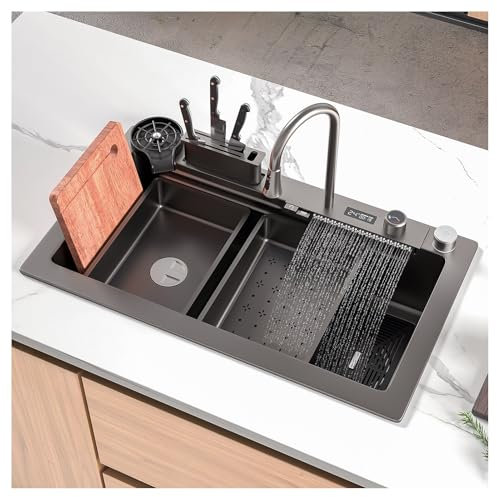AIVANOTO Grand Évier De Cuisine À Cuve Unique, Évier De Cuisine Intelligent en Acier Inoxydable, Évier De Ferme Multifonctionnel, avec Robinet Extractible, Accessoires De Vidange(80x45x22cm)