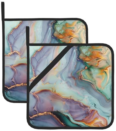 Colourful Marble Printed Pot Holders 2 Pcs Heat-Resistant Potholders Oven Hot Pads That Protect Your Hands and Countertops