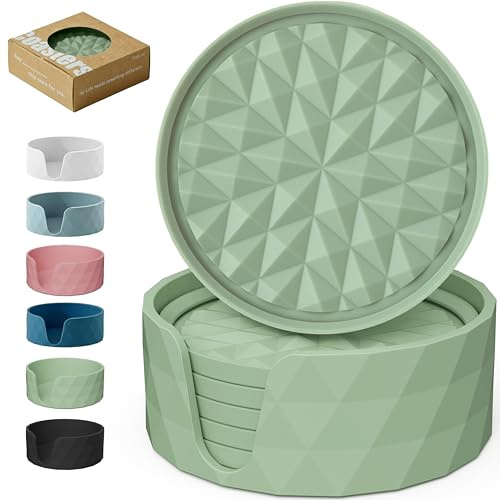 Wingcases Silicone Coasters for Drinks[6 pcs, Sage Green] Diamond Design Cup Mat with Holder for Tabletop Protection Non Slip, Non Stick, Coffee Table Decor, Great Gift for Any Occasion