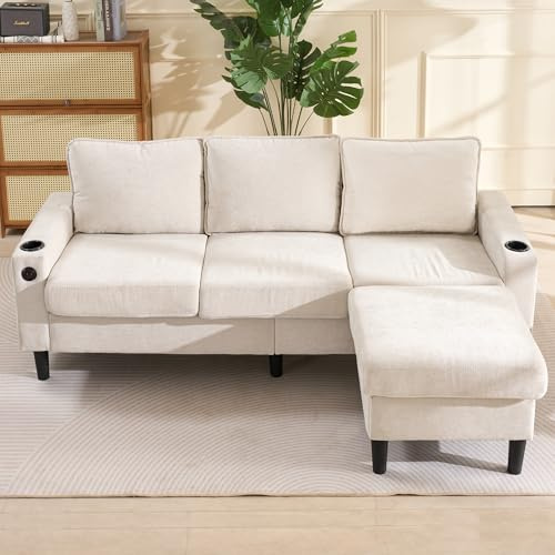 RIAZOS L-Shaped Couch Sofa, 3 Seater Corner Sofa, Sectional Sofa Couches With USB, Cup Holder, for Apartment Living Room (Beige)