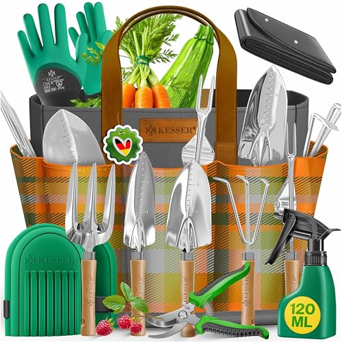 Set d'outils de jardin KESSER® 10 pièces avec poignées en bois ergonomiques, incluant un sac étanche en tissu Oxford 600D, protège-genoux, tapis de plantation, bouteille de pulvérisation, sécateur