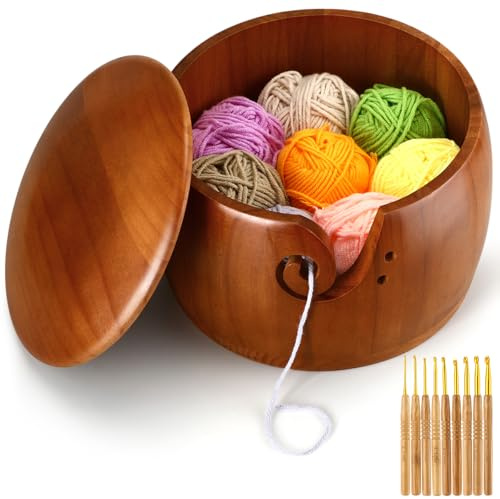 Giegxin Grand bol en bois avec couvercle 22,9 x 22,9 x 15,2 cm pour tricot et laine de pin avec 9 crochets faits à la main - Accessoires de rangement pour ruban