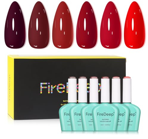 Firedeep 10ml HEMA-FREI 6 Farben Rot Gellack Set Dunkelrot Burgunderrot Gel-Nagellack Soak off UV/LED Maniküre anzug für Nagelkunst DIY und Salon Alle Jahreszeiten Beliebt