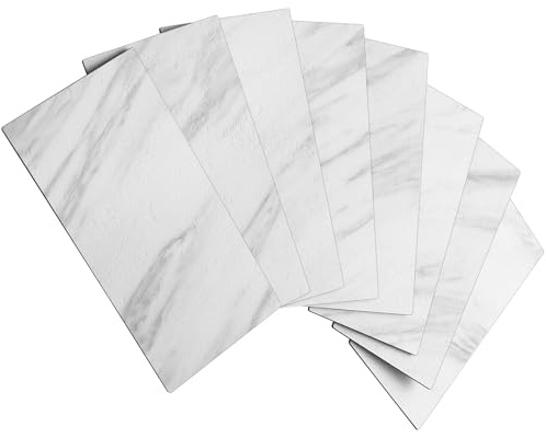AULIGET 3mm Subway Self Adhesive Wall Tiles, 7.5 x 15cm PVC Faxu Stone Stick on Tile, Splashback Tile Stickers for Kitchen & Bathroom (32, White Marble)