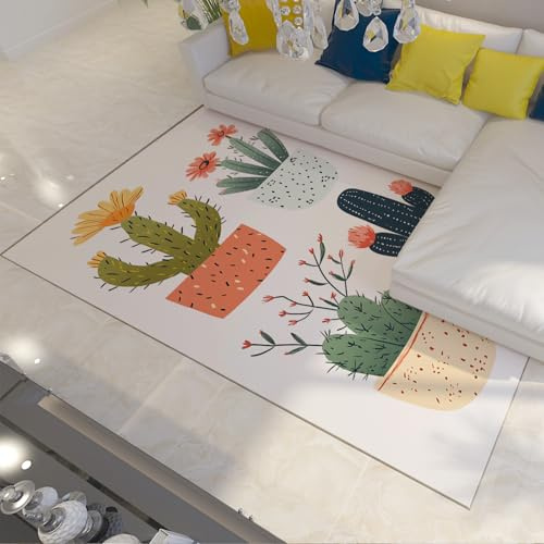 UERWOWELL Garden Floral Area Rug Cartoon Cute Cactus Pot Flowers & Plants Pattern Non Slip Thin Carpets for Nursery Room Bedroom Balcony 160x220cm
