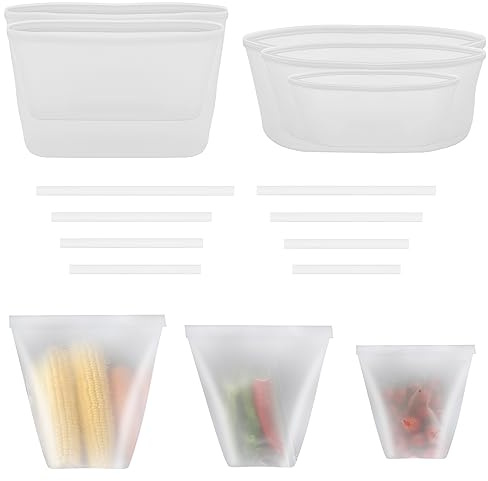 GTGIQXG Lot de 8 Sacs de Conservation Alimentaire en Silicone réutilisables avec 8 Clips de Fermeture, récipients hermétiques for sandwichs, sans BPA, for réfrigérateur, Gris(Translucent whitening)