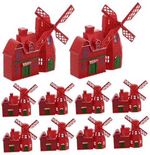 HOODANCOS 10pcs Mini Red Windmill Model Plastic Farmhouse Micro Landscape Decoration Fairy Garden Accessories Mini Cottage Ornaments for Garden