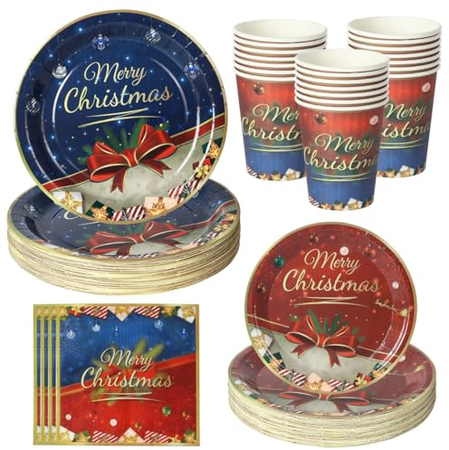 PYAILI 64 Piezas de Vajilla Navideña para 16 Personas - Incluye Platos, Vasos y Servilletas de Papel
