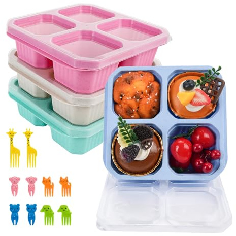 CRITIVE-S 4 Pack Bento Lunch Box Adults, Reusable Snack Box with 10 Cartoon Forks, Bento Boxes Divided Food Storage Containers, 4 Compartments Kids Lunch Boxes for School Work Travel(Microwave Safety)