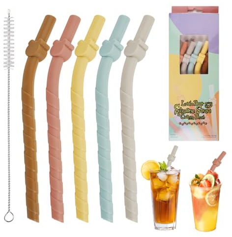 5 Piezas Colores Pajitas Anchas de Silicona con Cepillo, 15.5 cm Reutilizables y Flexibles Pajitas de Alimenticio Silicona, Sin BPA, 8.8 mm de Ancho Anchas, para Bebidas Calientes y Frías para Niños