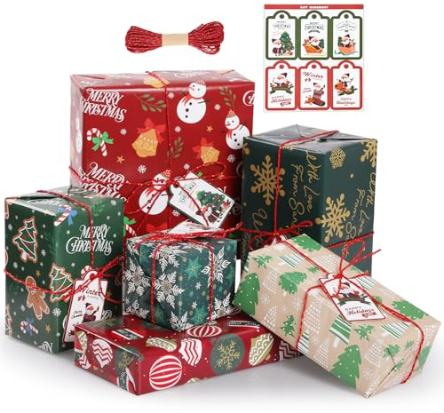 Bighan 6 Fogli Carta da Regalo Natalizia, 19.7'' x 27.6'' (50 x 70cm), Include Etichette, Spago e Nastro Adesivo, Carta da Regalo con Motivi di Alberi di Natale, Fiocchi di Neve e Pupazzi di Neve