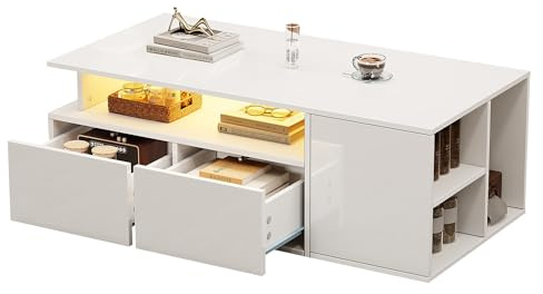 ComfortXL Table Basse Blanche Brillante avec LED, 2 Tiroirs Et Grand Rangement, 100x50x35 Cm