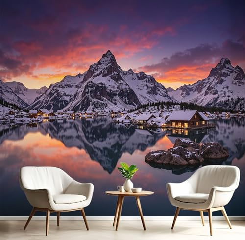 Fotomurales Pueblo De Montaña 200X140Cm Papel Pintado Decoración De Pared Lago Al Atardecer, Murales Póster Naranja Efecto 3D, Fotográfico Murales Para Dormitorio Salón Tv Pared