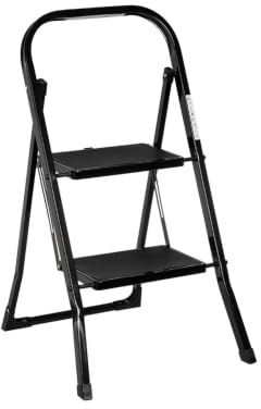 Escalera plegable de 2 peldaños antideslizantes de acero color negro | Soporta 150 kg. Medidas abierta: 46x51,5x82 cm. Medidas plegada: 46x4x90 cm. Cumple normativa EN14183