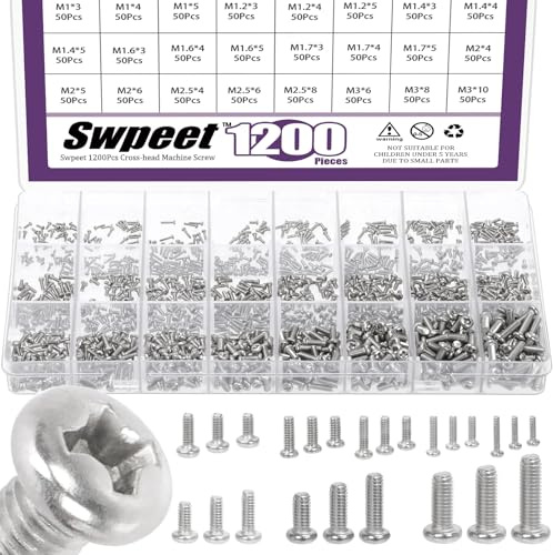 Swpeet 1200Pcs 24 Sizes M1 M1.2 M1.4 M1.6 M1.7 M2 M2.5 M3 Phillips Flat Head Machine Screws Assortment Kit, Small Cross-Head Flat Round Head Screws Tiny Fastener for Furniture Connection