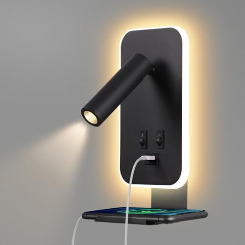 AWEKLIY LED Wall Lamp Wall Mounted Reading Lights, Adjustable Headboard Plug in Wall Sconce with USB Ports, Headboard Bedside Lamp with 3W+9W Night Light 3000K, Bedroom ambiance Lighting, Black