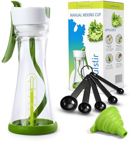 Salad Dressing Shaker Bottle with Spiral Mixer – Manual Salad Dressing Mixer, Leak Proof Oil and Vinegar Dressing Container with Measurements – Reusable BPA Free Salad Dressing Maker
