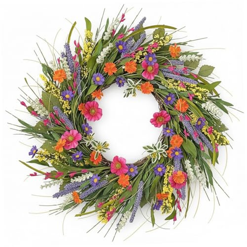 Wildflower Wreath for Front Door 16 Inch Colorful Spring Wreath with Realistic Silk Flowers Summer Wreaths for Year Round Home Decor