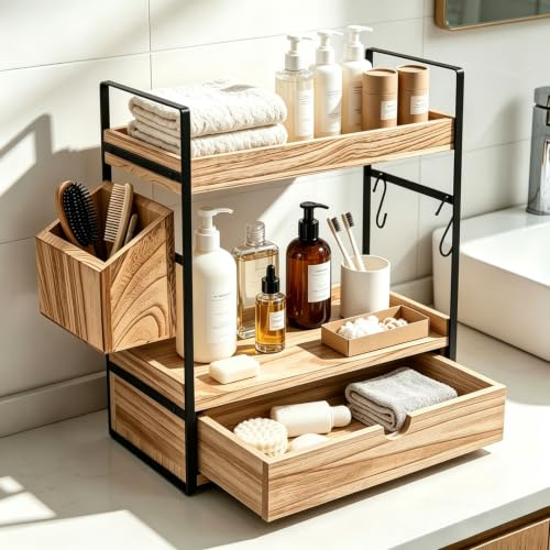 Organizador Baño Encimera Madera Paulonia 2 Niveles Estanteria Baño Rustica de Pie Estante con Cajón Almacenamiento Cesta Lateral Ganchos Antivuelco para Botes Champú Esquina Lavabo 40,4x33,5x17cm
