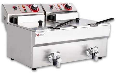 Beeketal 'BTF20B' Doppel Kaltzonen Fritteuse (2 x 9 Liter Volumen für max. 2 x 6 Liter Öl) Edelstahl Friteuse mit Temperaturkontrolle und Fettablaufhahn