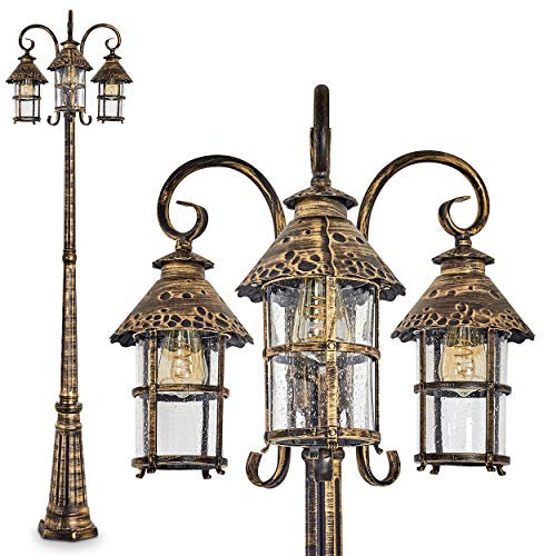 Lampada da esterno Tolep, candelabro in stile antico, metallo in marrone/oro, con vetri veri, lampada da sentiero a 3 bracci da 220 cm, lampada da giardino retrò/vintage, E27, IP44, senza lampadina/e