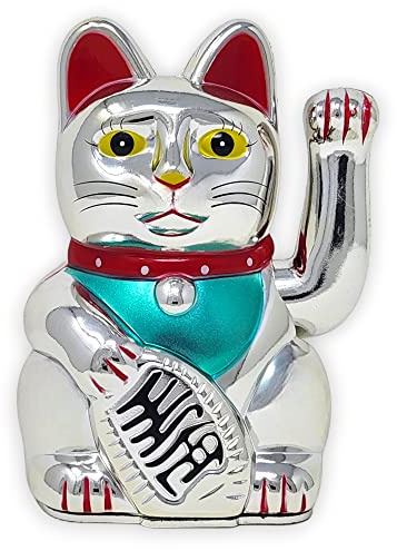 Starlet24® Winkende Glückskatze Winkekatze Lucky Cat Maneki-Neko Winkende Japanische Maneki-Neko batteriebetrieben (Silber, 15cm)