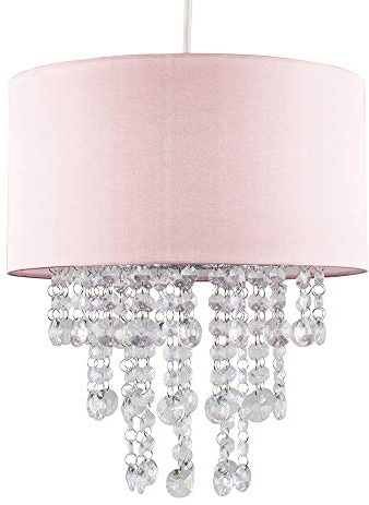 MiniSun | Modern Pink Ceiling Light Shade with Clear Acrylic Jewel Effect Droplets | Pendant Lights, Home Décor & Improvement Essential | 32cm Shade Width