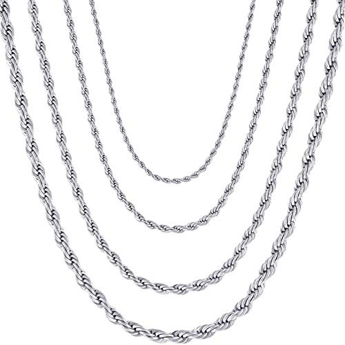 OSTAN Collana da Uomo Donna Catena di Corda Intrecciata Collegamento in Acciaio Inossidabile Larghezza 2.0-5.0 MM Lunghezza 45-80 CM Argento