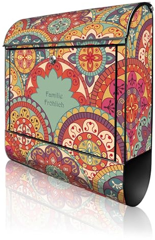 banjado Design Briefkasten personalisiert 38,5x46,5x13cm & 2 Schlüssel - Briefkasten Stahl Schwarz Zeitungsfach pulverbeschichtet - Postkasten A4 Einwurf inkl. Montagematerial - Motiv Rosetten