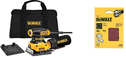 DeWalt Vibratiosnschleifer/Schwingschleifer (230 Watt, Schwingkreis-ø 1.6 mm, Schleifplatte 108 x 115 mm, Klettfix, AirLock kompatibel) & Schleifblätter 115x115 K80 8-L 10 St.