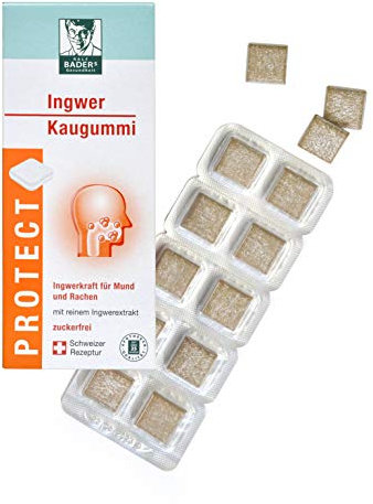 BADERs PROTECT Ingwer Kaugummi aus der Apotheke. Mit den Scharfstoffen der Gingerole. Ideal auch bei Reisen. Ingwer-Orangengeschmack. 20 Kaugummi-Quadrate