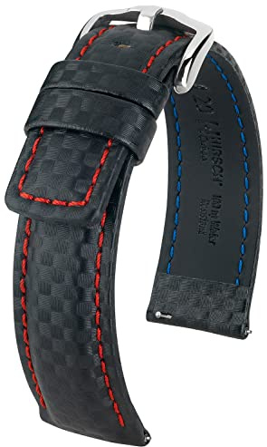 HIRSCH Uhren-Band Carbon L - modisches Premium-Lederband für Deine Armbanduhr - Schwarz - 22 mm