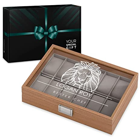 Maverton Uhrenbox mit Gravur für 12 Uhren - Uhrenkoffer Aufbewahrungsbox mit Deckel - Uhrenkoffer zum Geburtstag für Männer - Farbe: Braun - Löwe