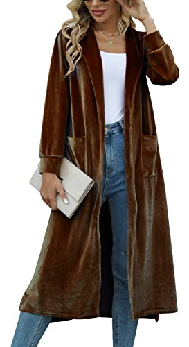 Yimoon Velvet Cardigan Jacket Open Front Lapel Collar Outerwear Sequin Duster Coat Velour Long Blazers for Women, Brown, XL